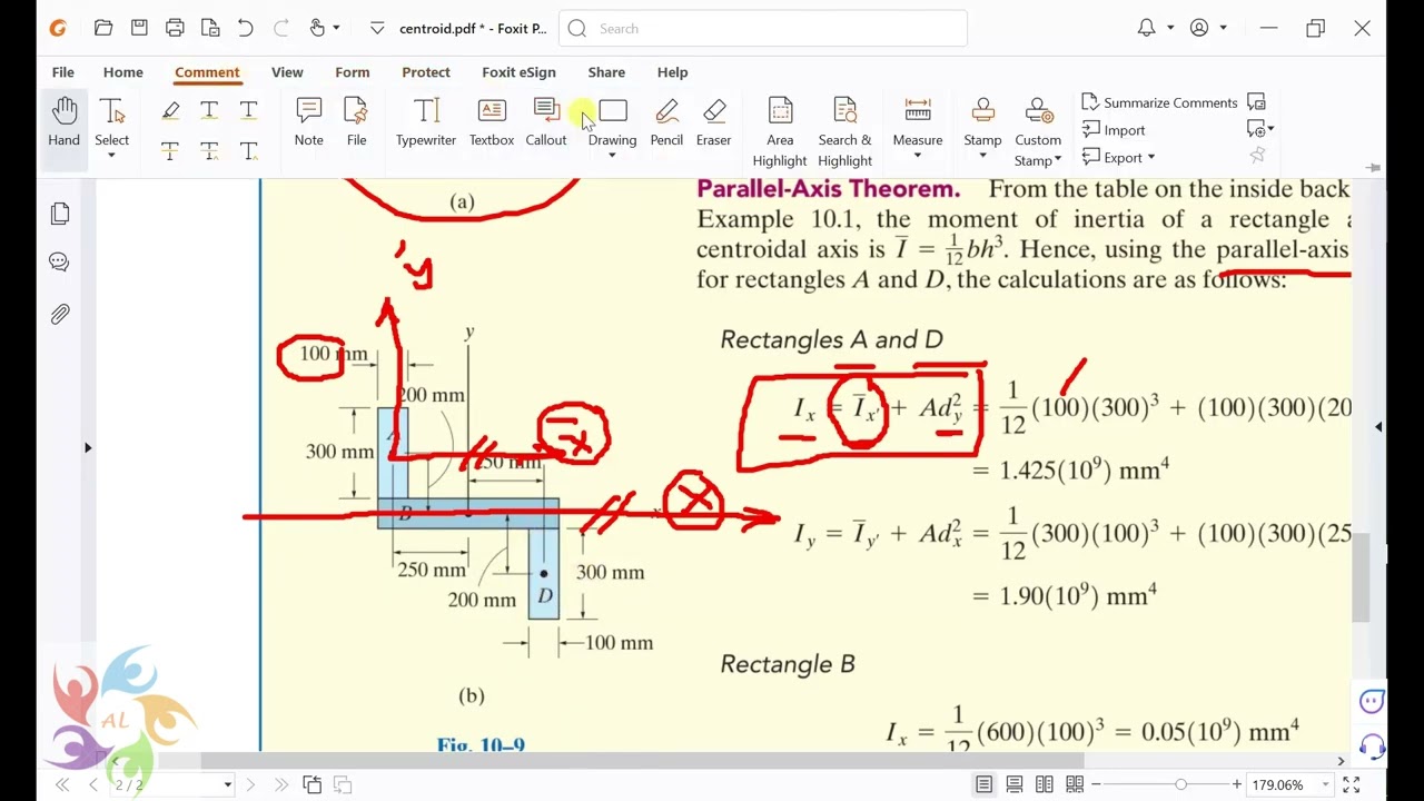 Moment of inertia of composite areas ايجاد عزم القصور الذاتي باستخدام نظرية المحاور المتوازية