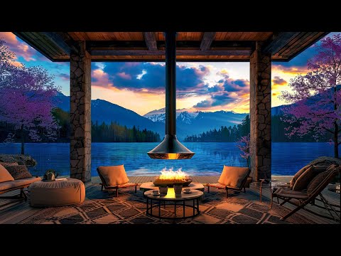 Soothing Jazz Piano Music with Fireplace Sounds | Cozy Lakeside in Spring Ambience for Relax, Sleep