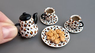 Miniature coffee set with Leopard print🐆🐾Polymer clay\DIY\Tutorial\Fimo