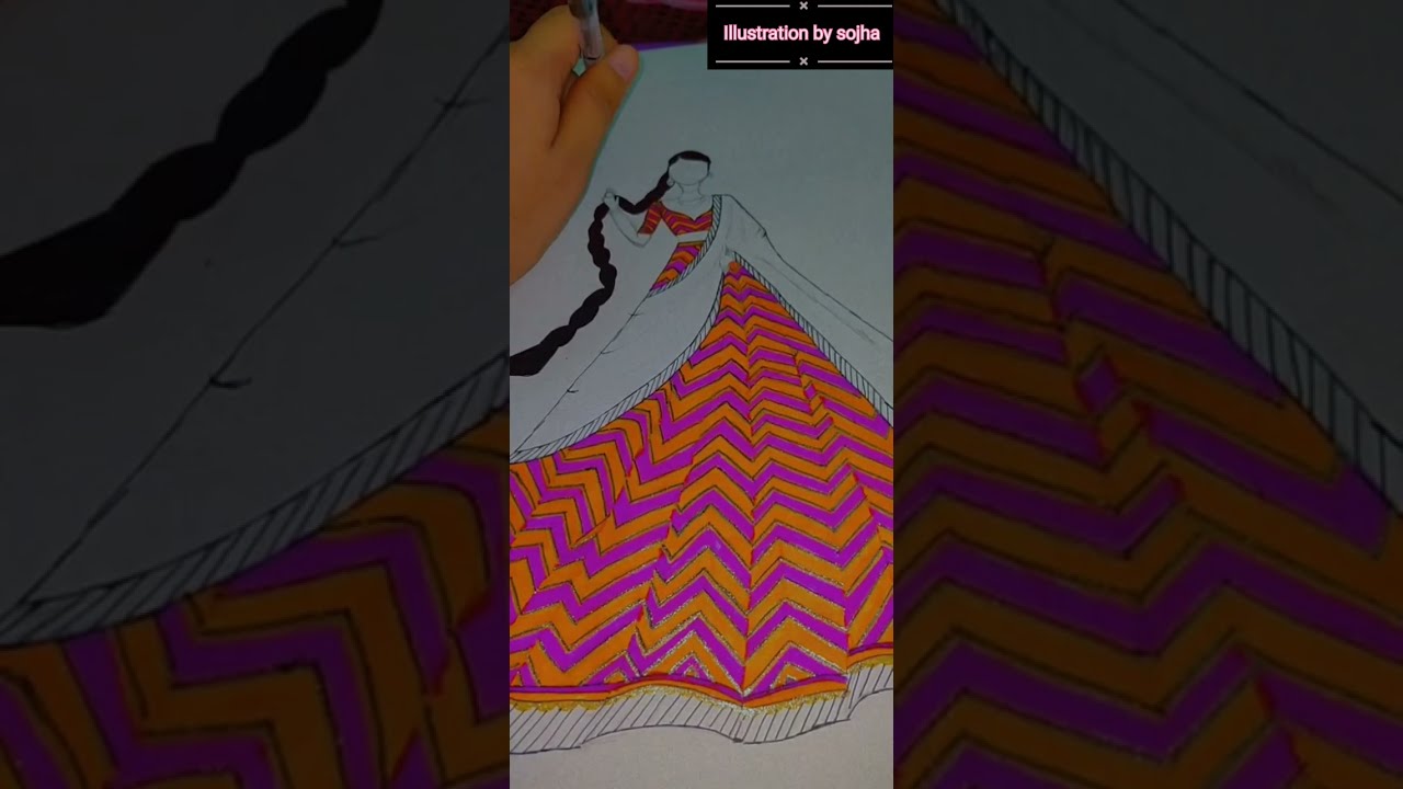 pink💖 & orange🧡 lehnga with golden embroidery work🪄(fashion designing  fashion Illustration) 