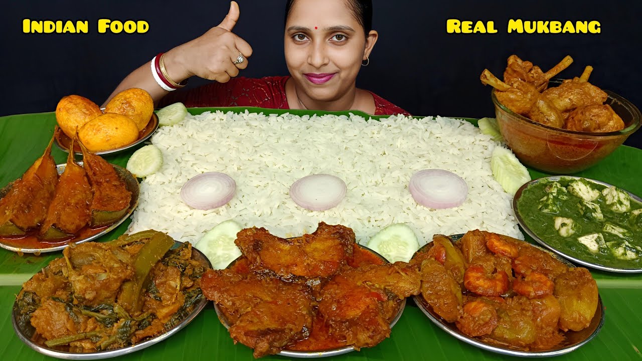 Eating Butter Chicken, Fish Curry, Egg Curry, Brinjal Masala, Palong Paneer, Potol Chingri, Rice