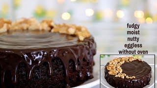 Eggless Fudgy Chocolate Walnut Cake Without Oven | Very Easy n Moist Cake