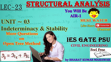 Structural Analysis~Lec 23~U3~Indeterminacy & Stability (Ques. on Open Tree Method) by Bharat Kumar