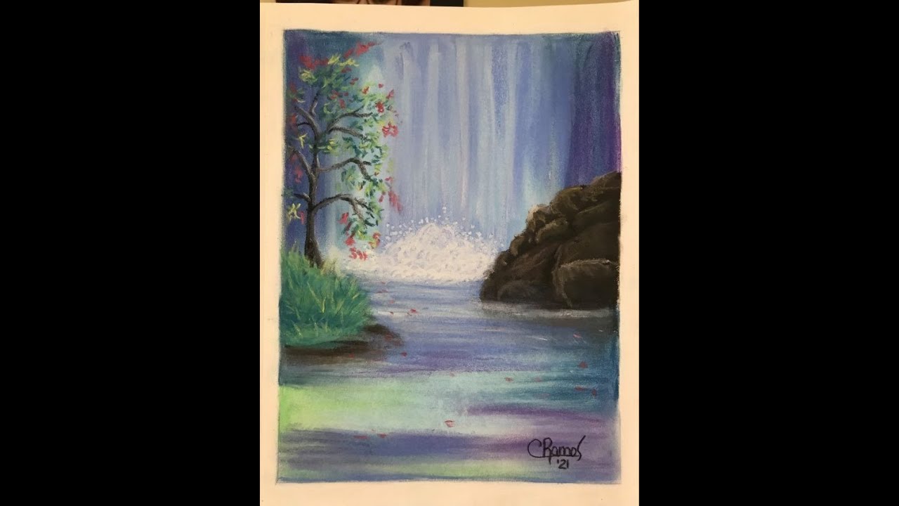 Простая сцена с водопадом — мягкие пастельные мелки