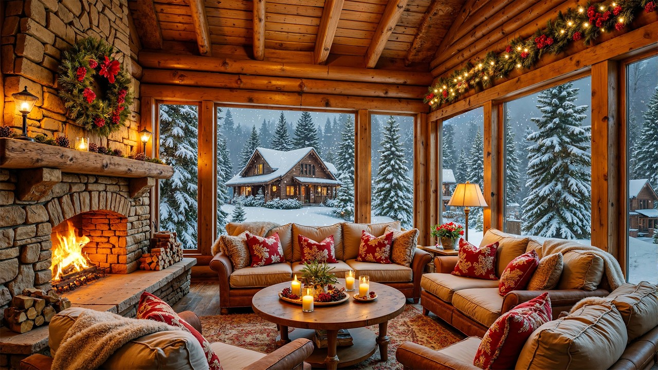 Winter Morning in Cozy Cabin Ambience ️Relaxing Piano Music & Fireplace ...