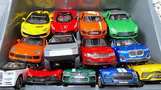 Box full of various miniature cars Peugeot, Jaguar, Pagani, Hyundai, Cadillac One, Opel, DHL #64
