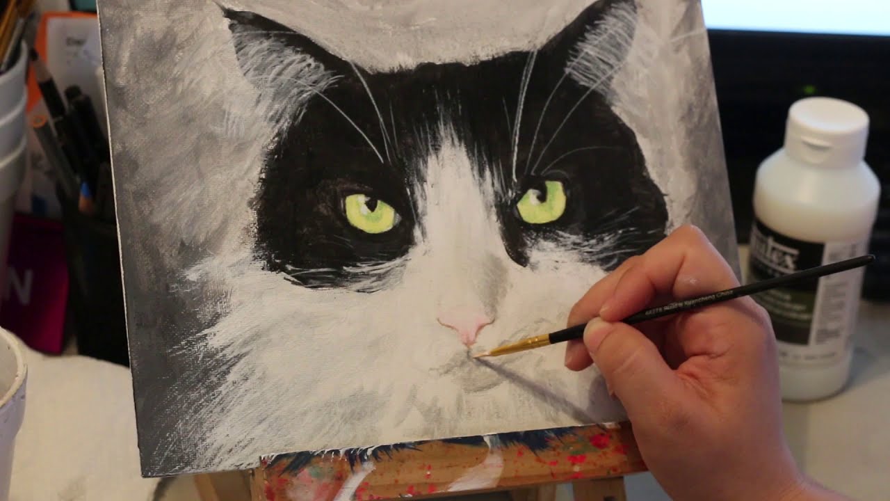 Black and White Cat Painting Acrylic Time-lapse