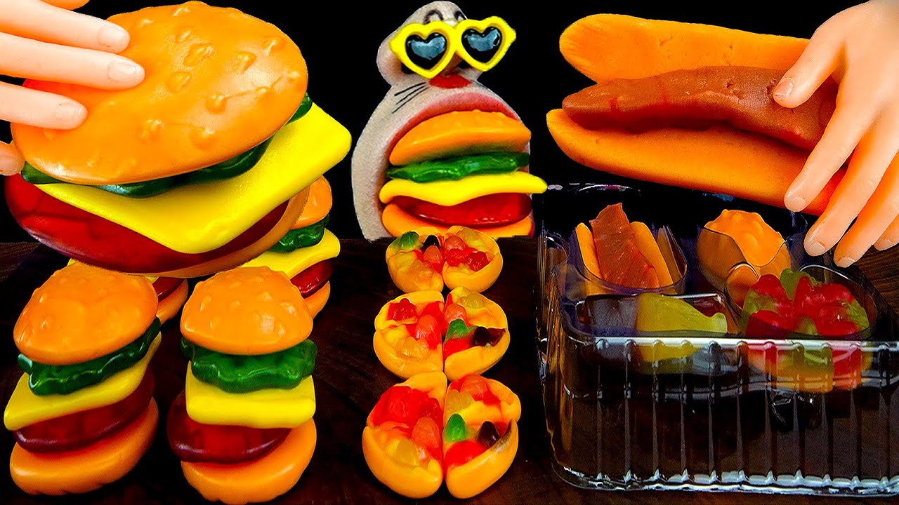 ASMR MUKBANG ) Cheeseburger Jelly & Pizza Jelly & Burger Set Jelly