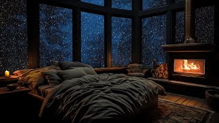 Snowstorm night in a wooden house with a crackling fireplace for sleeping, relaxing, studying