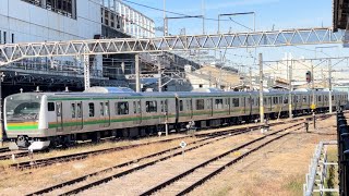 【E233系U225編成5両 OM出場前構内試運転(車体保全)】E233系3000番台ヤマU225編成が試運転幕で試運転線からOM構内に帰ってくるシーン(試9999)2024.11.19