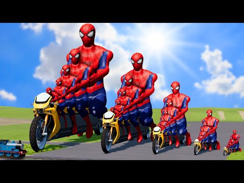 Big \u0026 Small Spidermans on a Big \u0026 Small motorcycle vs Thomas Train | BeamNG.Drive