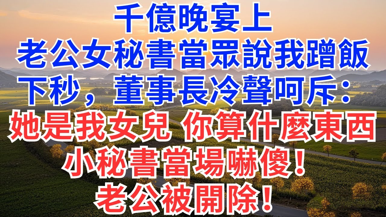 千億晚宴上，老公女秘書當眾說我蹭飯，下秒，董事長冷聲呵斥：她是我女兒！你算什麼東西！老公和小秘書當場嚇傻！#為人處世#故事#情感#戀愛#情感故事#小説#出軌#婚姻#家庭