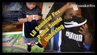 Toddler unboxing his Puma Suede (IG @lilsneakerfox) Kid Shoes