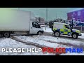 Unbelievable uk winter fails  icy roads car sliding crash police tow van rescue from snow 1