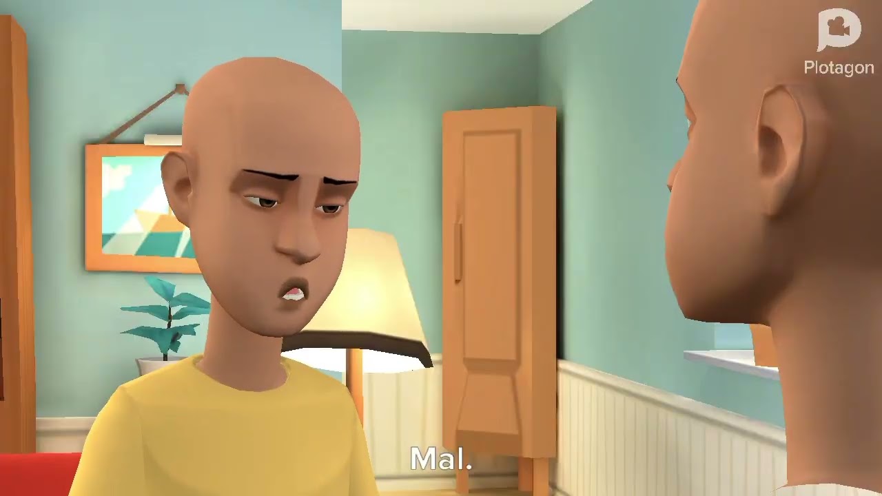 Caillou se porta mal en la casa del padre y saluda a Caillou y está castigado