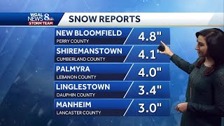 Snowfall totals in central Pennsylvania