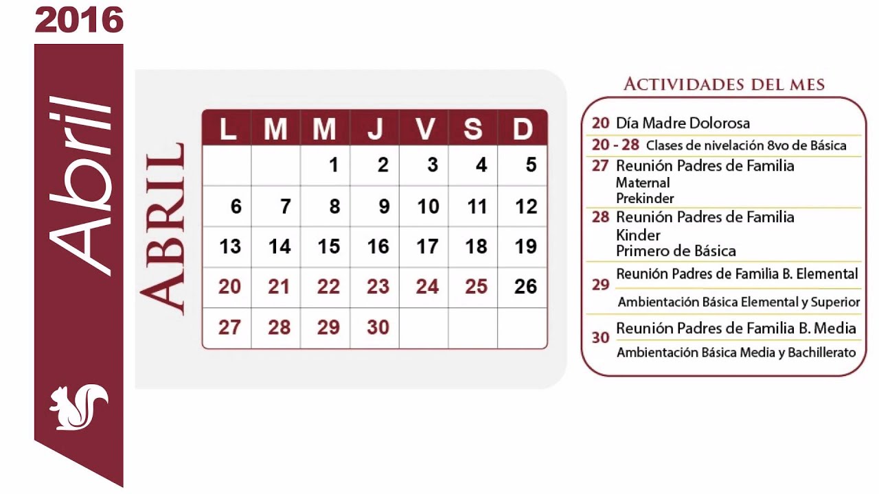 Calendario de actividades del mes de Abril - YouTube
