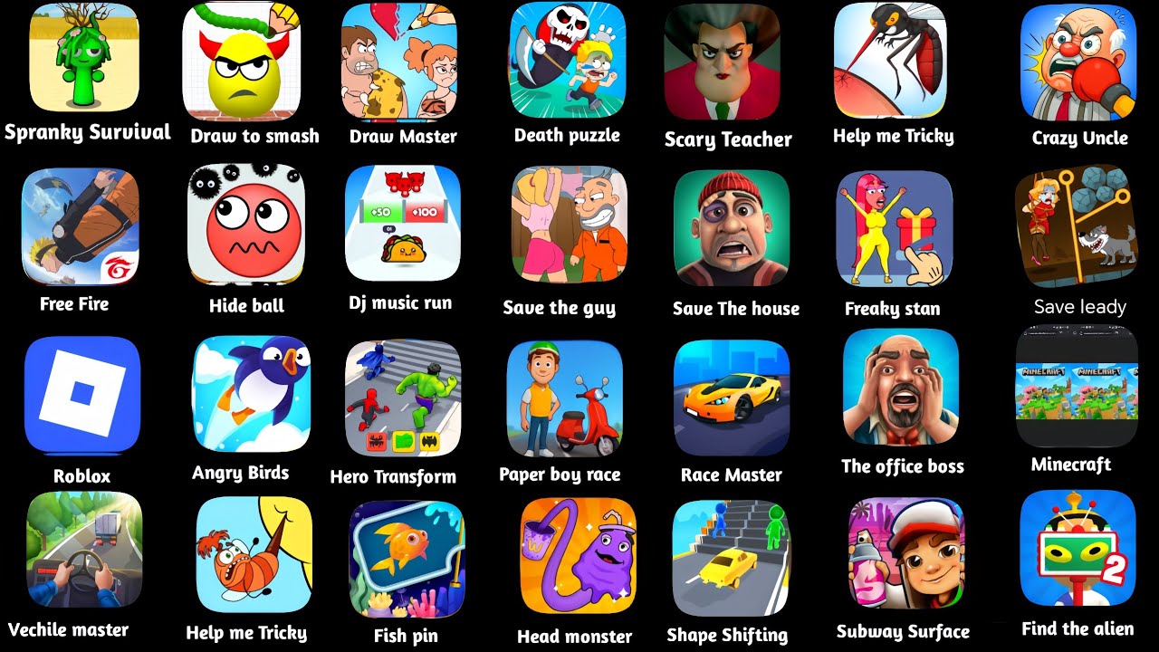 Spranky,Roblox,Draw Master,Death Puzzle,Scray Little Prankster,Free Fire,Find the alien,Minecraft 