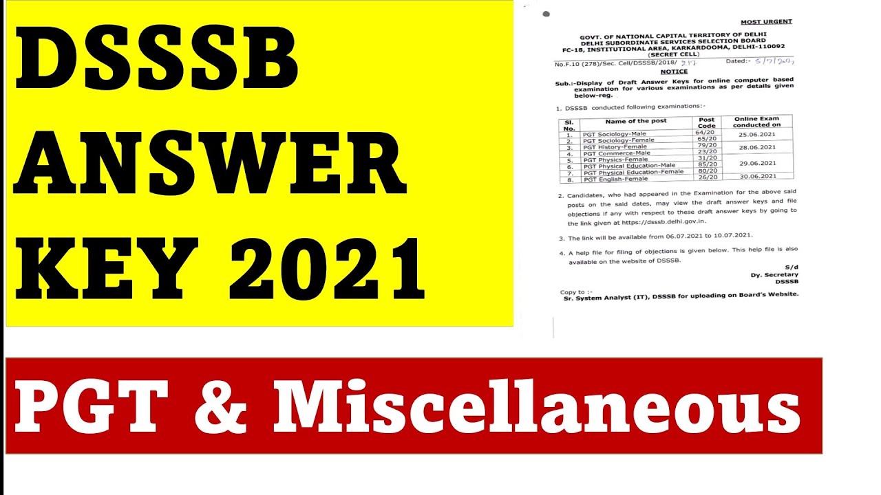 DSSSB ANSWER KEY 2021 || ANSWER KEY OF VARIOUS POST CODE || PGT & Miscellaneous || LATEST UPDATE ||