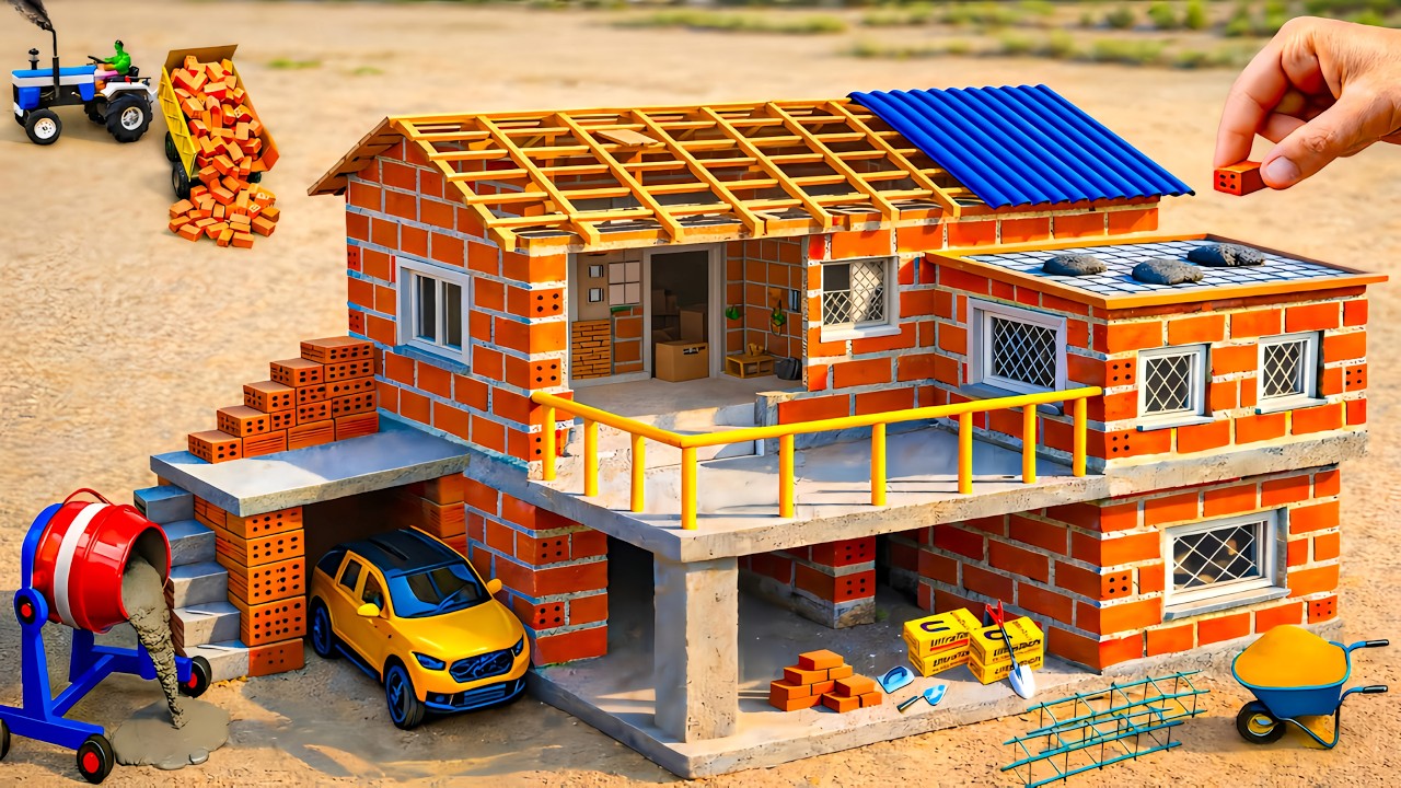 DIY Construction Science Project - Building a Strong 2-Story Fireproof House and Modern Garage