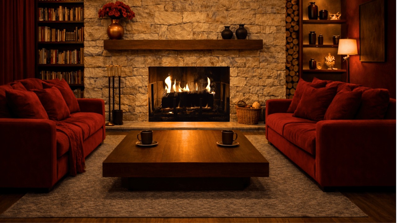 Cozy Lounge Fireplace 🔥 Warm Fire Sounds for Relaxing (1 Hour)