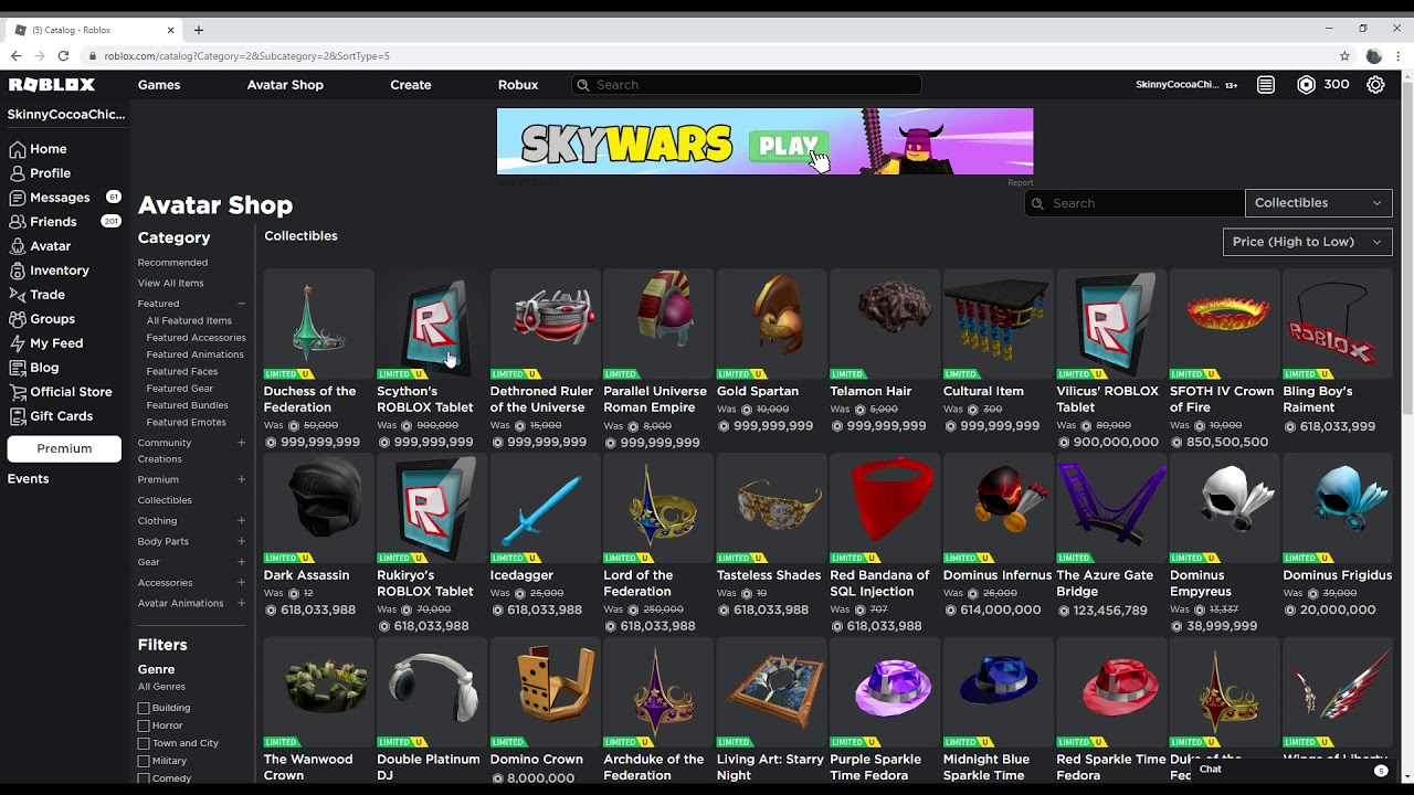 Roblox Limited Catalog  Most Expensive Limiteds - RblxTrade