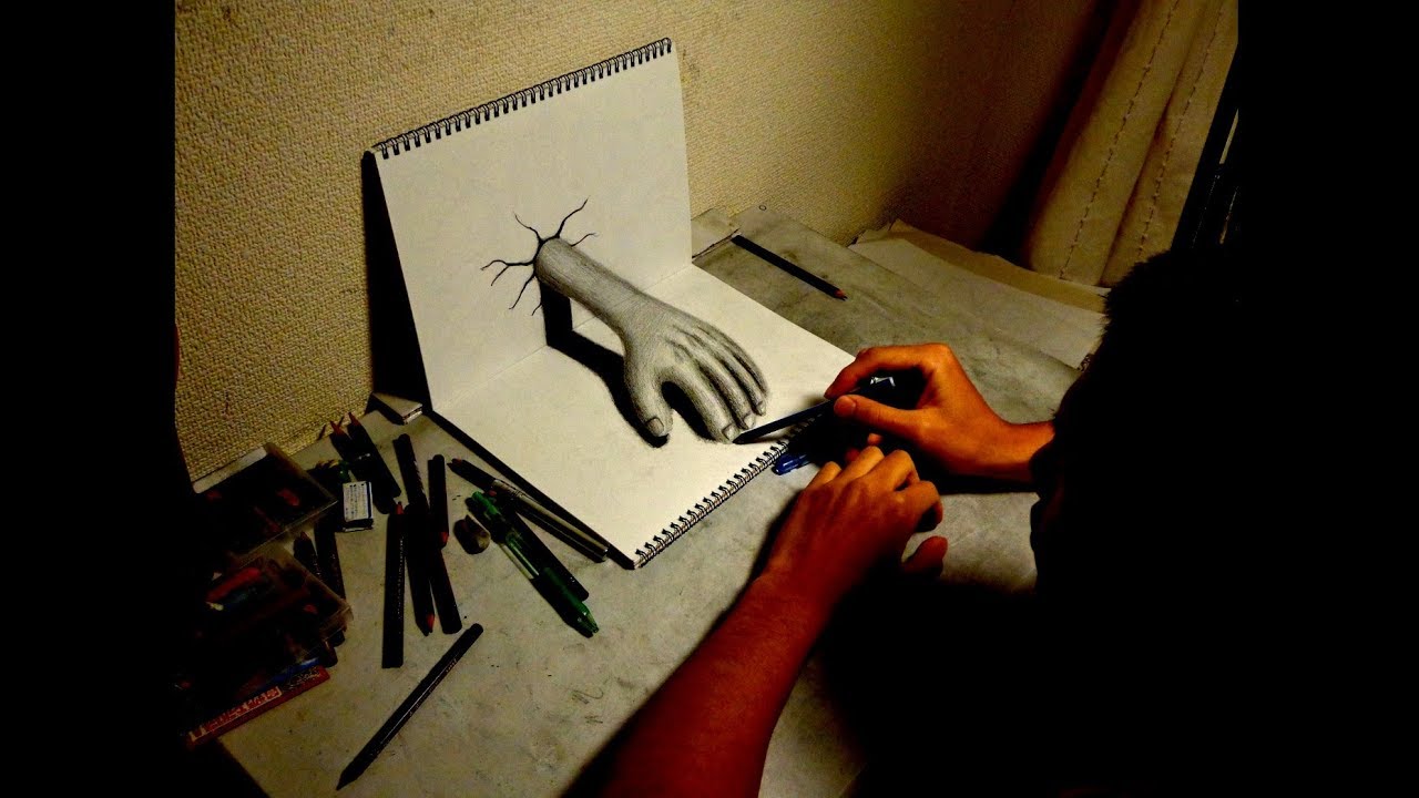 イラストの手が飛び出す 鉛筆で描く3dトリックアート Youtube