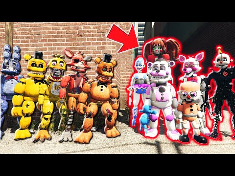 ALL WITHERED ANIMATRONICS VS ALL SISTER LOCATION ANIMATRONICS! (GTA 5 FNAF Mods)