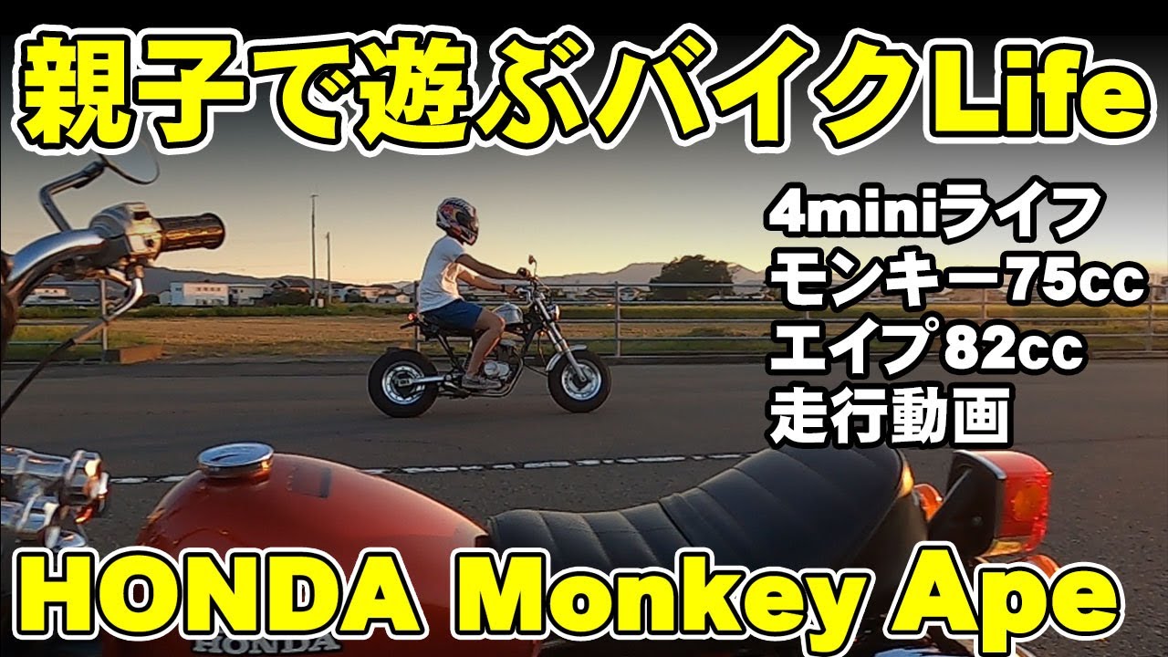 モンキー75ccとエイプ82cc 4miniライフ 親子で夕焼けツーリング - YouTube