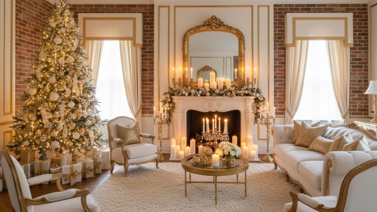 Elegant White and Gold Christmas Living Room Tour with Soft Glow, Candles & Luxury Holiday Decor