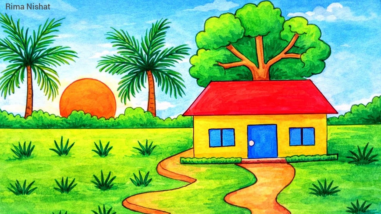 Paddy field with farmer scenery drawing| Village scenery drawing| Easy ...