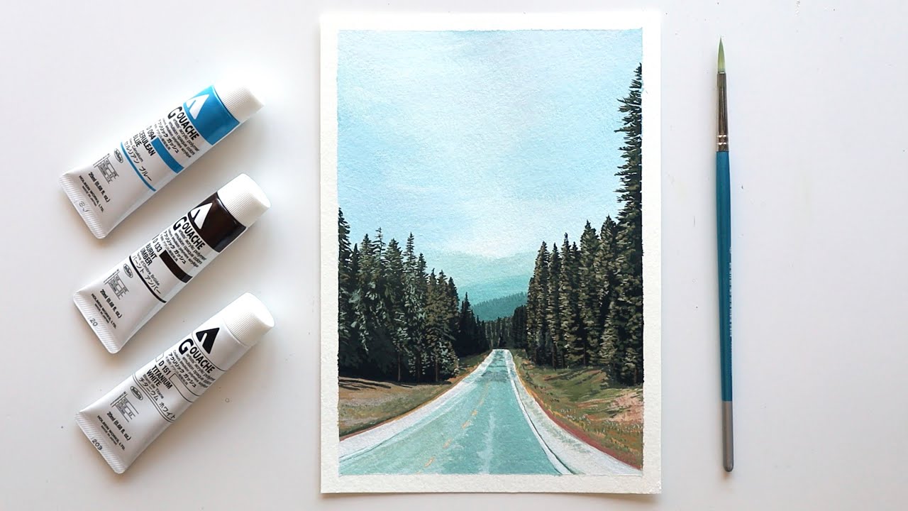 Acryla Gouache Tutorial How to Paint a Road with Trees YouTube