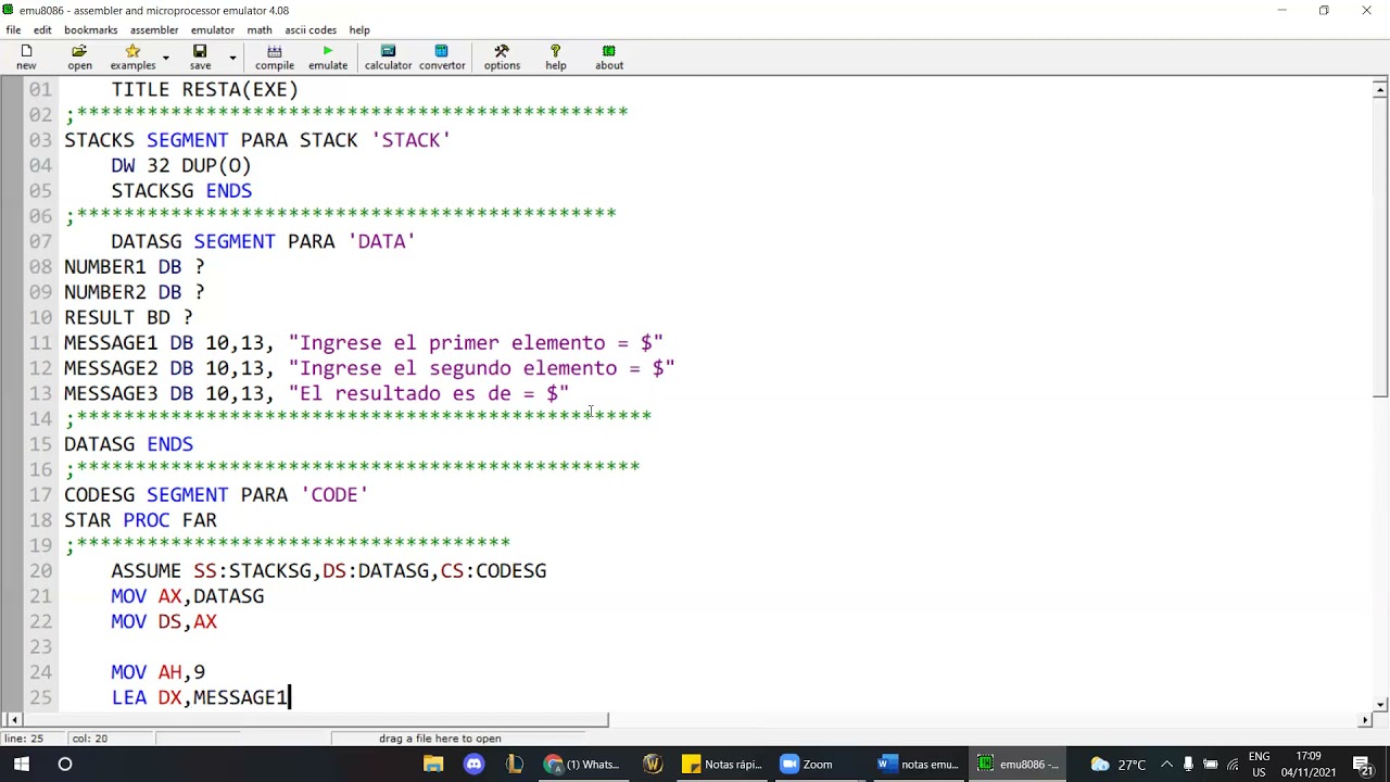 Resta en compilador(EMU8086) en lenguaje Ensamblador