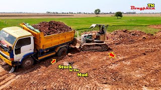 Dump Truck Wrong Technique Stuck In The Mud While Trying To Working Finished Landfill Up So Long