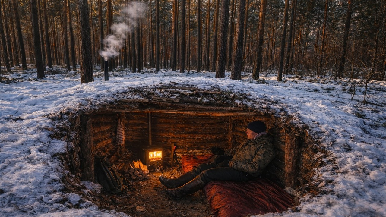 Hidden Underground Shelter in Winter Forest ❄️ Secret Dugout Survival with Wood Stove