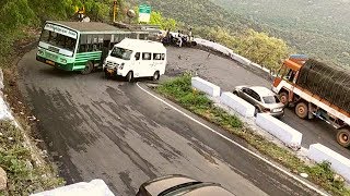 Bus And Heavy Load Lorry Risk Driving Dangerous Turning Dhimbam Hairpin Bend Hills Road