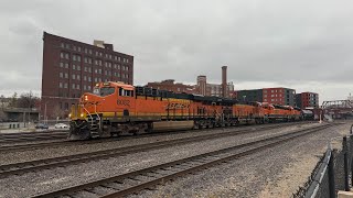BNSF WB Mixed Freight with Older EMDs, BNSF WB and EB Stacktrain Meets. Kansas City, MO 11/29/25