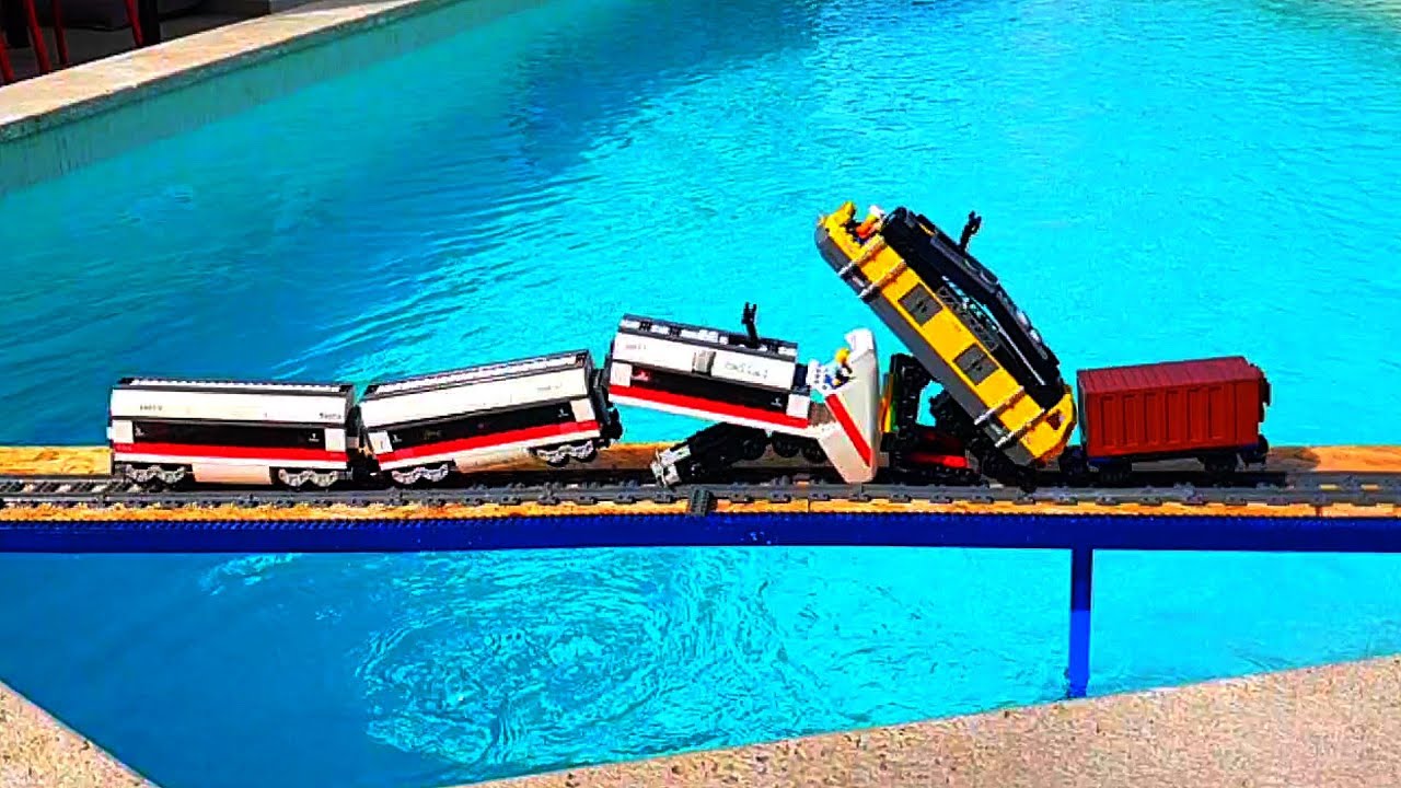 Lego trains crashing on a bridge YouTube