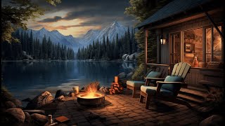 Evening Cozy Cabin Porch Forest  Campfire | Lake Sounds | Birds Singing  Sleep , Study and Relax