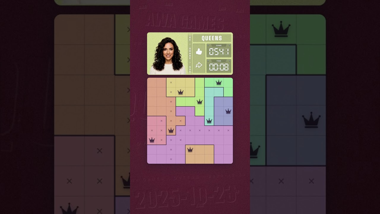 LinkedIn Queens #541 solved board for October 23, 2025, 9x9 grid