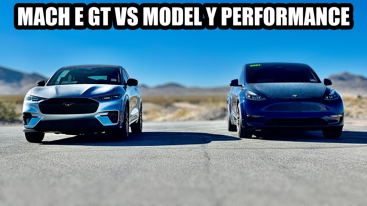 YouTube thumbnail of Ford Mustang Mach-E GT vs Tesla Model Y Performance drag race