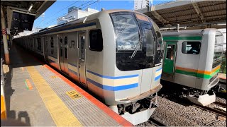 【E217系Y-38＋Y-120編成15両  湯河原疎開返却回送（横浜経由※迂回）】E217系ｸﾗY-38編成＋ｸﾗY-120編成が横浜駅7番線で普段と並ぶシーン！（回9751M）2023.11.14