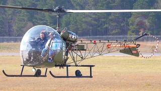 Rare Bell-47G Helicopter Iconic Engine Startup, Taxi, Takeoff & Landing