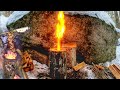 Build NATURAL WOOD ROCKET STOVE - No Drill -  Cook Meat Kabobs Inside Primitive Log Oven