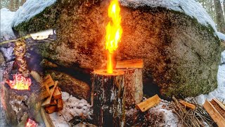 Build NATURAL WOOD ROCKET STOVE - No Drill -  Cook Meat Kabobs Inside Primitive Log Oven