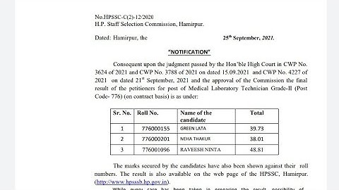 HPSSC FINAL RESULT OF MEDICAL LABORATORY TECHNICIAN 776 DECLARED 2021 || #hppsc #electricalengineer