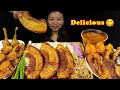 Pork mukbang eating spicy masala pork curry  fried fish curry with rice pakauda nepali mukbang