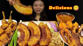 Pork Mukbang, Eating Spicy Masala Pork Curry & Fried Fish Curry With Rice, Pakauda, Nepali Mukbang🤤