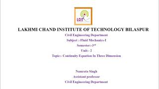 Fluid Mechanics-I Unit-2 L-4 continuity Equation In 3 Dimension