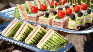 Quick and easy party food ideas. 4 Appetizer recipes for parties. Cucumber, tomatoes and salmon